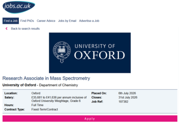 Image of the job advert for a Research Associate in Mass Spectrometry